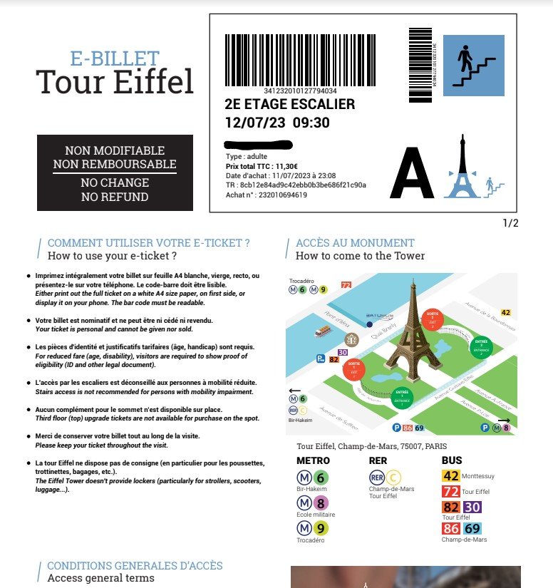 Snímek obrazovky mobilu s částí e-ticketu na vstup do druhého patra Eiffelovy věže