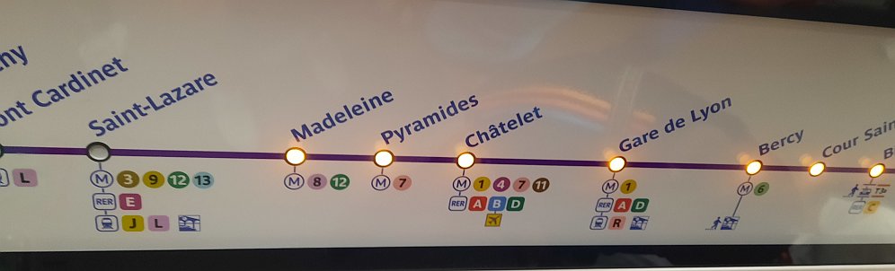 Informační tabulka v soupravě metra linky M14 ukazující aktuální polohu, na gare de Lyon je to jen pár stanic