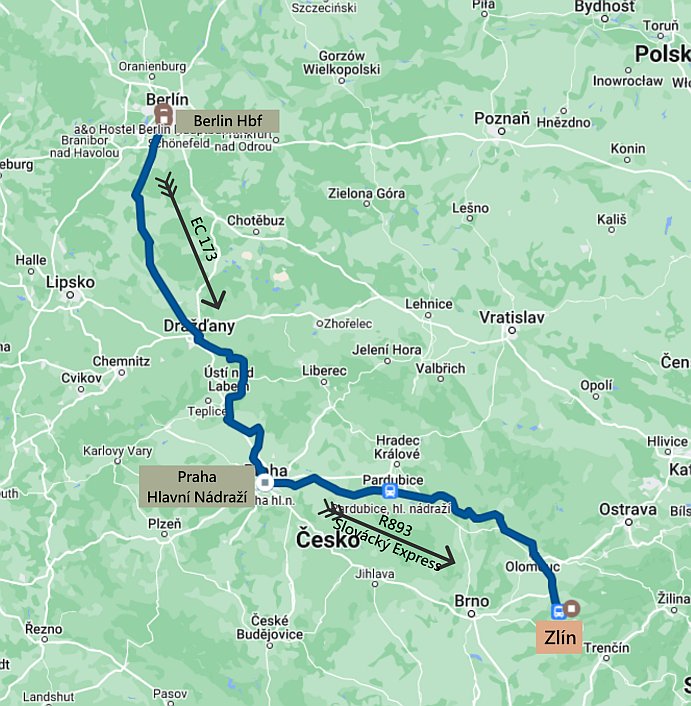 Cestovní mapa aktuální části cesty Berlín - Praha - Otrokovice - Zlín