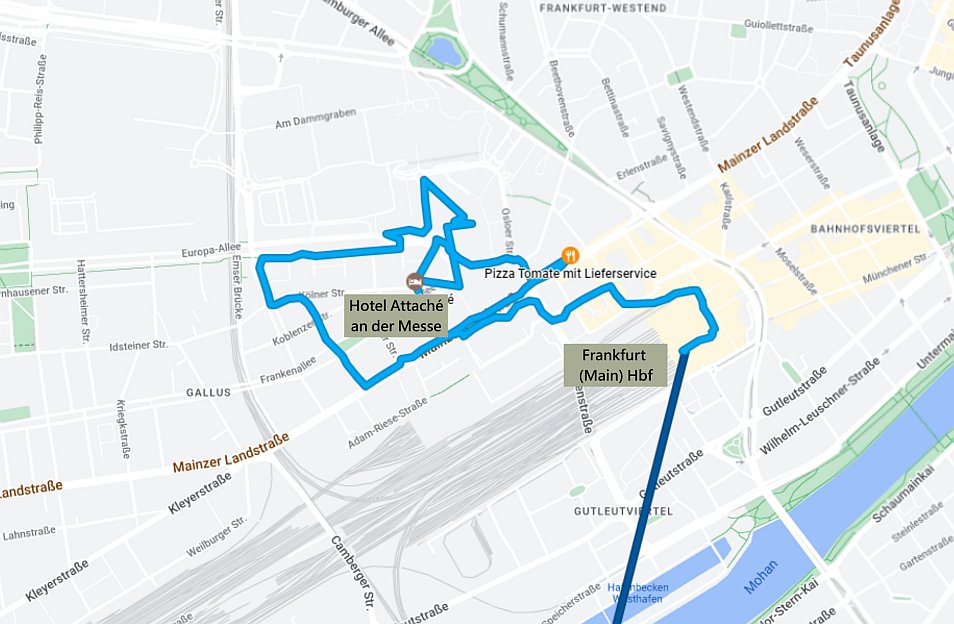 Cestovní mapa aktuální části cesty po Frankfurtu nad Mohanem