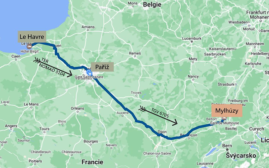 Cestovní mapa aktuální části cesty Le Havre - Paříž - Mylhúzy