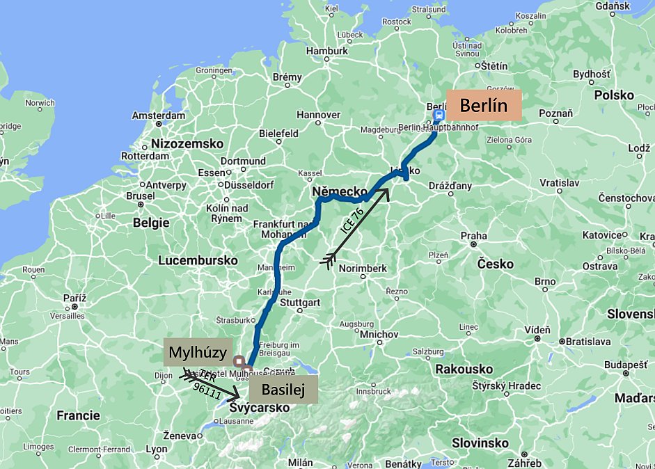 Cestovní mapa aktuální části cesty Mylhúzy - Basilej - Berlín