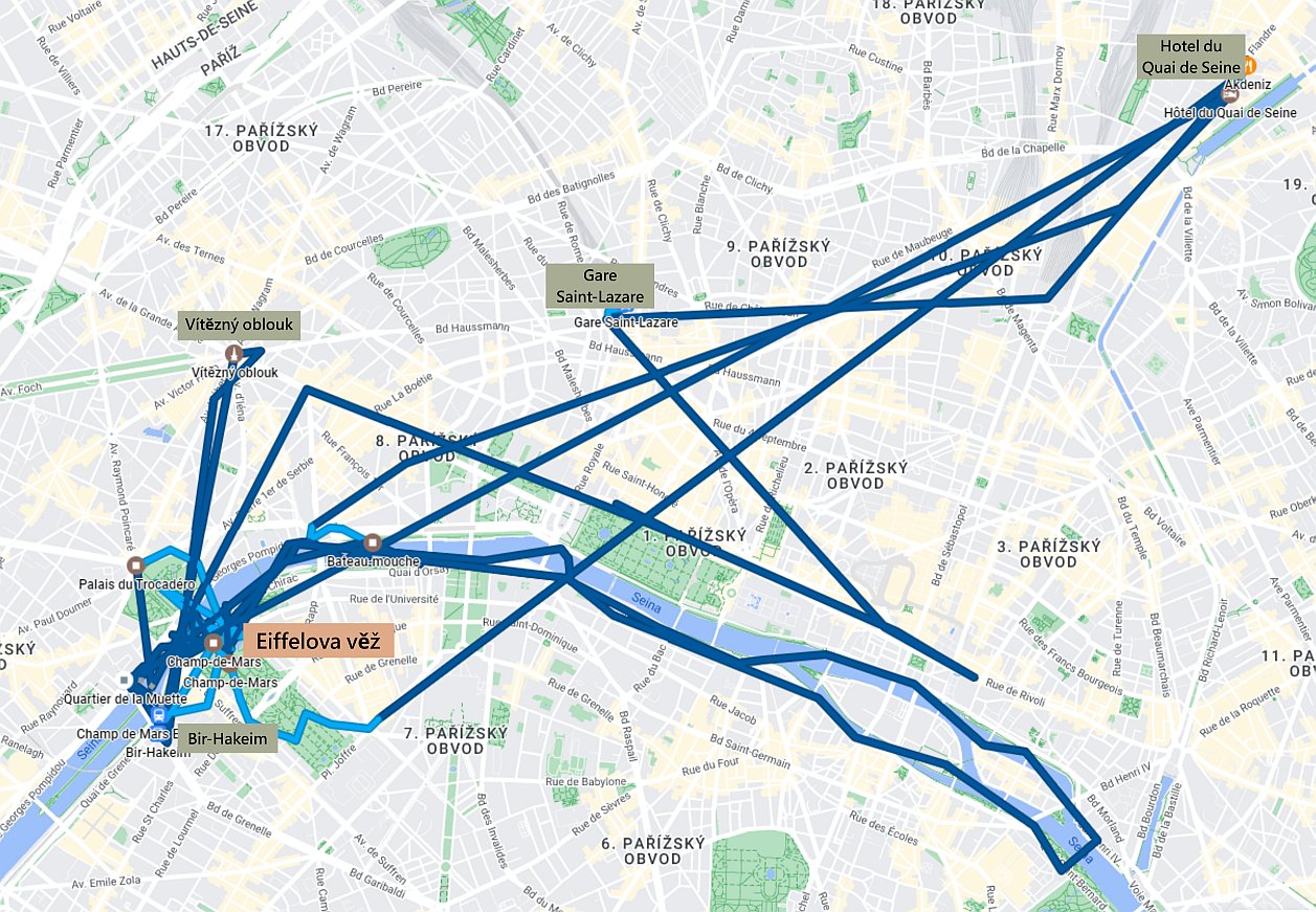 Cestovní mapa putování prvního dne po Paříži