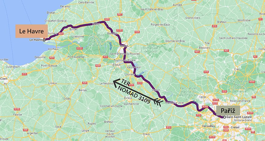 Cestovní mapa aktuální části cesty Paříž - Le Havre