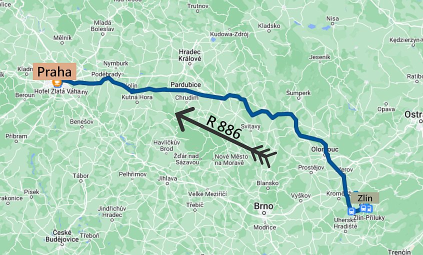 Cestovní mapa aktuální části cesty Zlín, Příluky - Praha