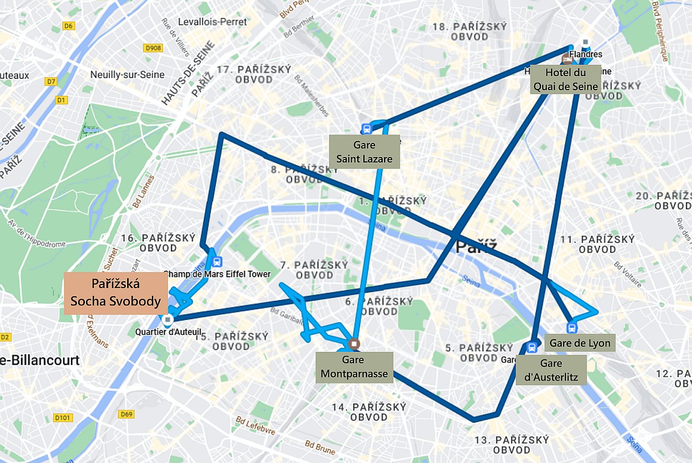 Cestovní mapa aktuální části cesty po Paříži, zdroj: maps.google.com