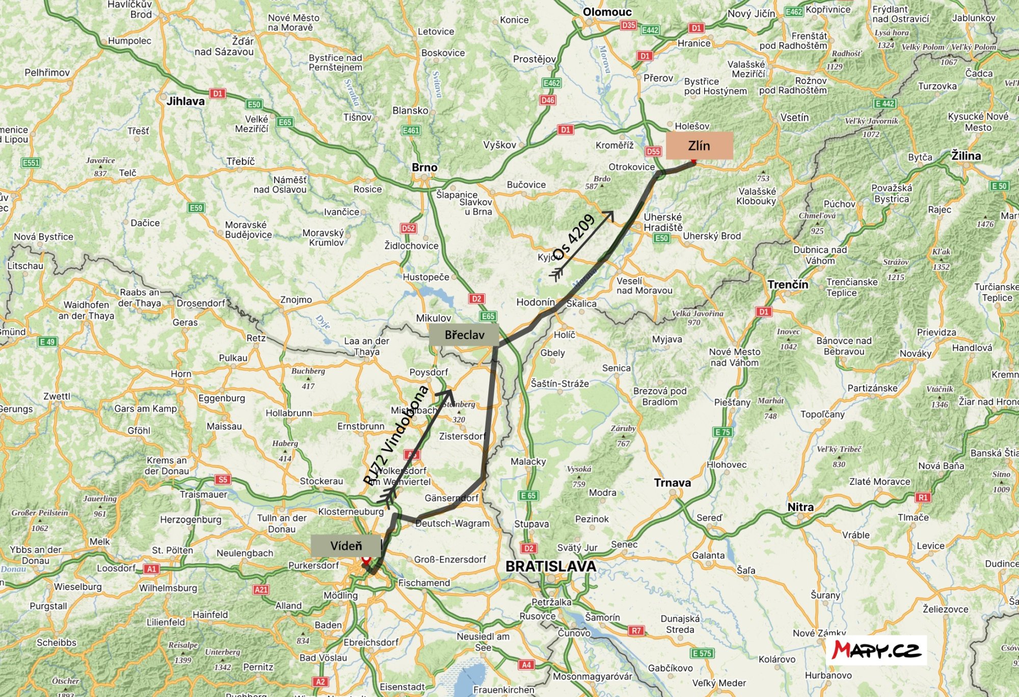 Mapa cesty z Vídně do Zlína, zdroj: Mapy.cz