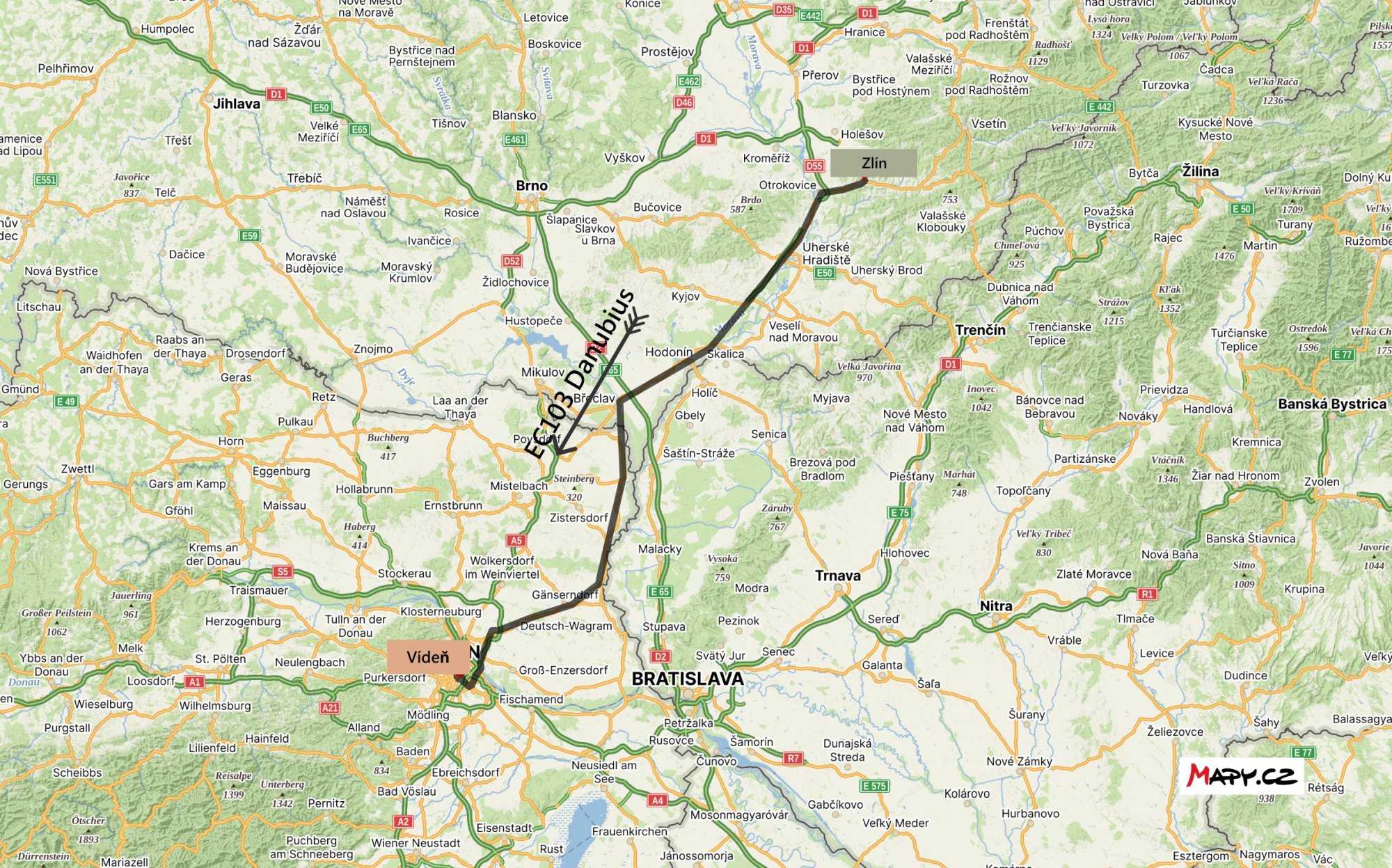 Mapa cesty ze Zlína do Vídně, zdroj: Mapy.cz
