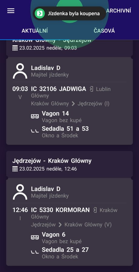 KOLEO aplikace na mobilu po objednání jízdenky