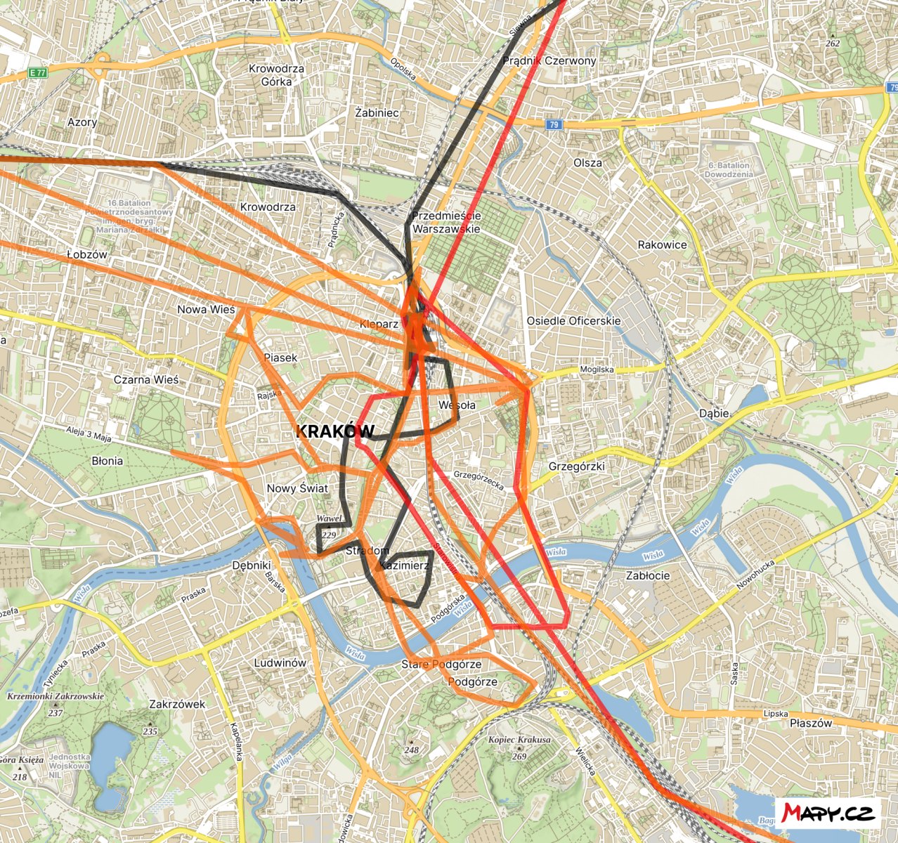 Mapa putování po Krakově (všechny dny), zdroj: Mapy.cz