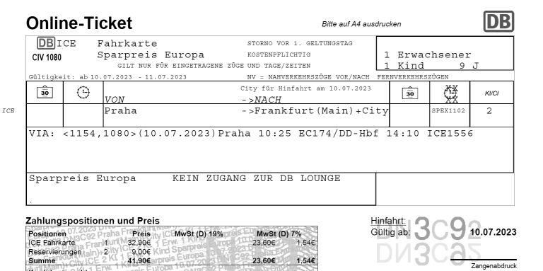 Sken jízdenky Praha - Franfurt pořízený u DB