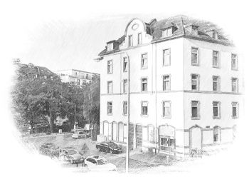 Pohled z okna hotelu na ulici ve Franfurtu nad Mohanem