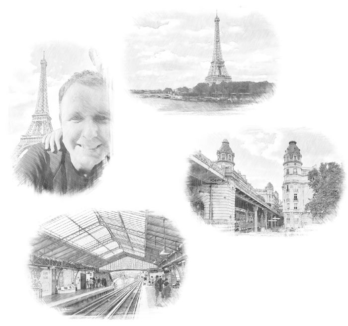 Selfie Eiffelova věž z nábřeží, Eiffelova věž z Pont Bir-Hakeim, Pont de Bir-Hakeim směrem ke stanici Passy, stanice Bir-Hakeim 4x Fotografie - Eiffelova věž z nábřeží, Eiffelova věž z Pont Bir-Hakeim, Pont de Bir-Hakeim směrem ke stanici Passy, stanice Bir-Hakeim