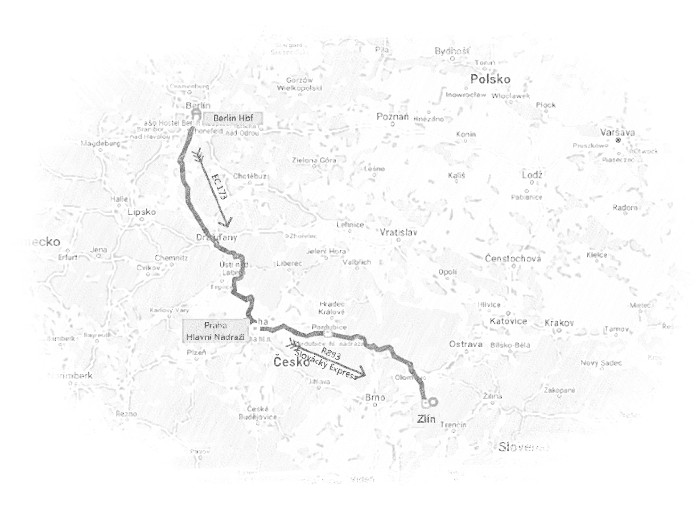 Cestovní mapa aktuální části cesty Berlín - Praha - Otrokovice - Zlín