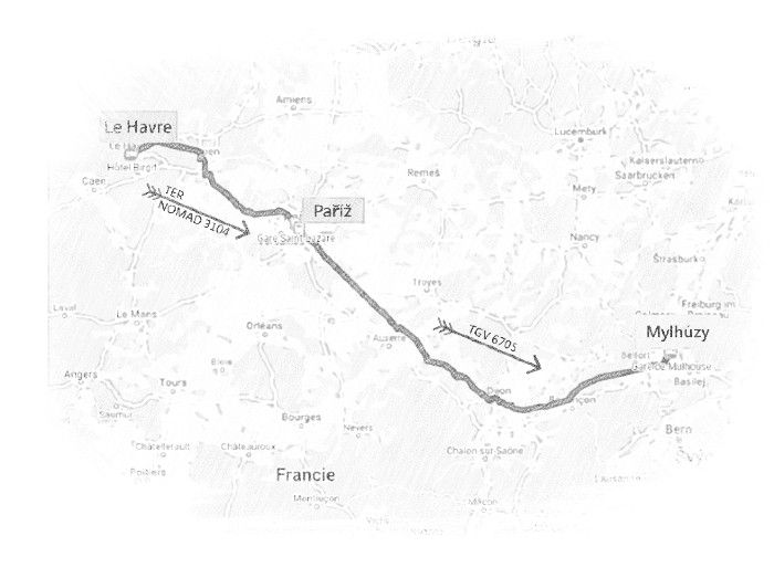 Cestovní mapa aktuální části cesty Le Havre - Paříž - Mylhúzy