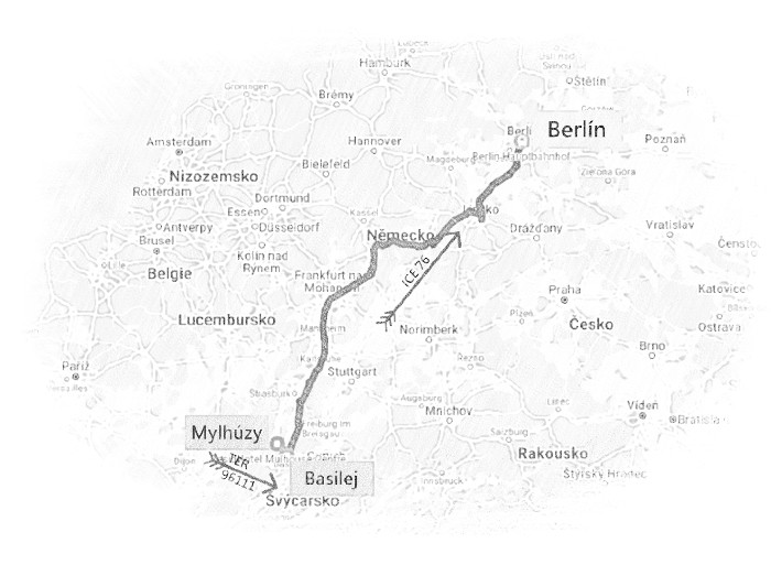 Cestovní mapa aktuální části cesty Mylhúzy - Basilej - Berlín