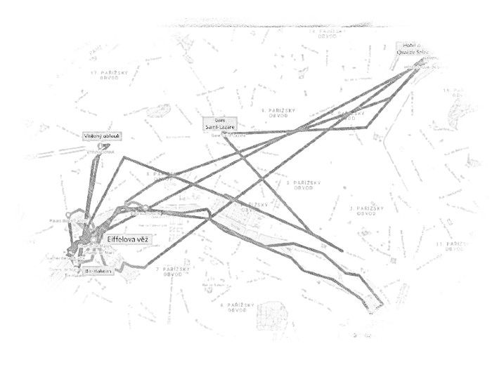 Velká jízda metrem (cca 40 km), chůze (cca 18 km) a troška lodí (cca 10 km) Cestovní mapa putování prvního dne po Paříži