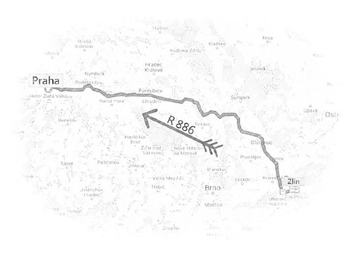 Cestovní mapa aktuální části cesty Zlín, Příluky - Praha