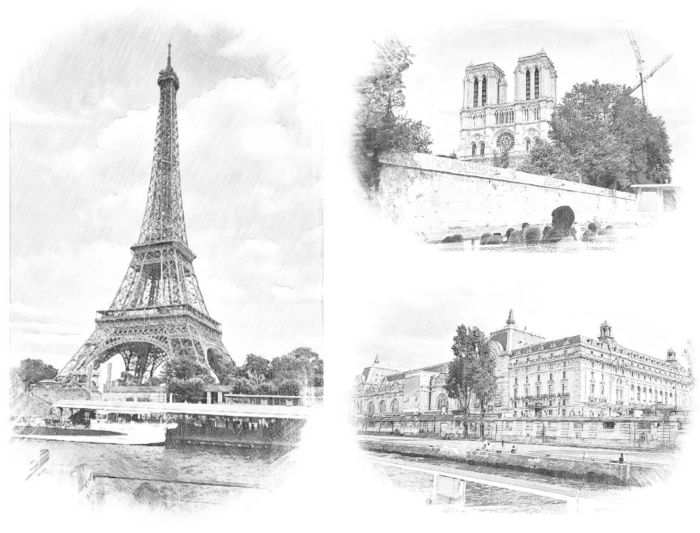 Ikonická Eiffelova věž, opravovaná Katedrála Notre Dame a Muzeum Orsay 3x fotografie z plavby lodí, Eiffelova věž, Katedrála Notre Dame a Muzeum Orsay