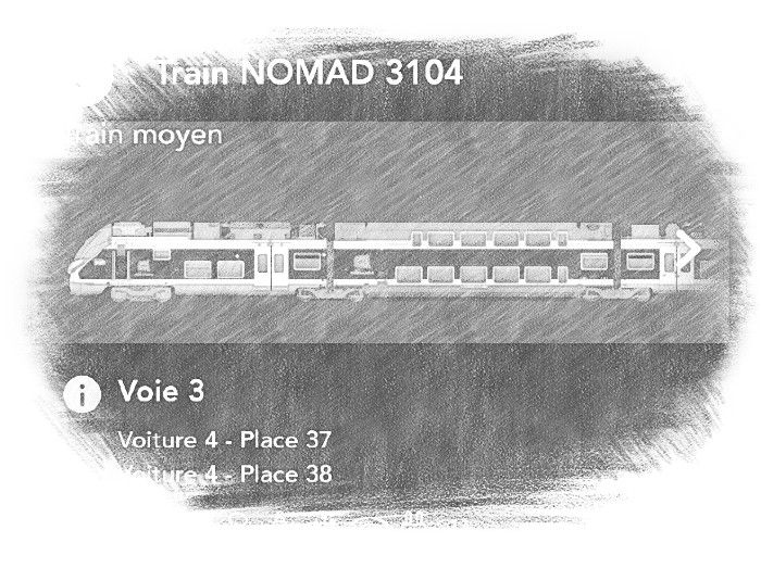 Snímek obrzovky mobilu z aplikace SNCF Connect zobrazující soupravu vlaku NOMAD 3104