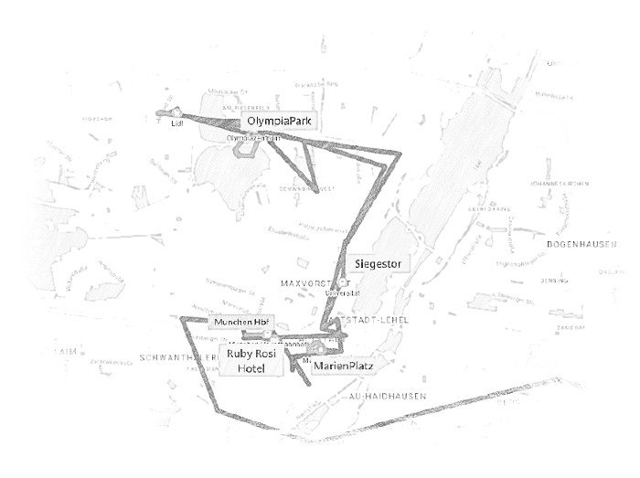 Cca 6 km chůze a 28 km cestování metrem podle časové osy Google map. Cestovní mapa aktuální části cesty po Mnichově, zdroj: maps.google.com
