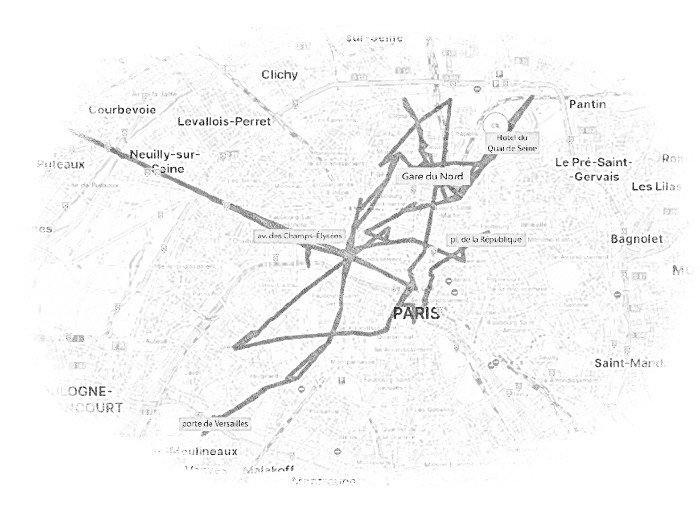 Cca 5 km chůze a 39 km cestování metrem podle časové osy Google map. Cestovní mapa aktuální části cesty po Paříži, zdroj: Mapy.cz