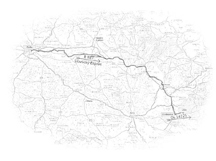 Cca 291 km ve vlaku podle časové osy Google map. Cestovní mapa aktuální části přejezdu vlakem Praha - Zlín, zdroj: Mapy.cz