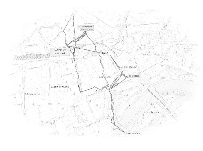 Cca 8 km chůze podle časové osy Google map. Cestovní mapa aktuální části cesty po Rotterdamu, zdroj: Mapy.cz