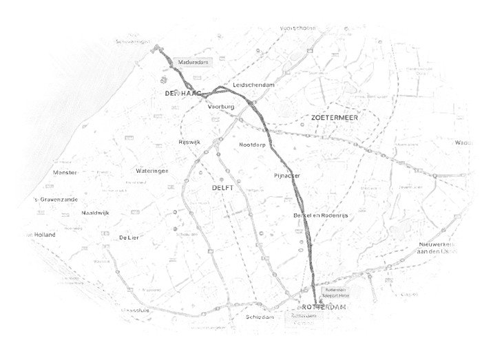 Cca 5 km chůze, 10 km v tramvaji a 52 km cestování metrem podle časové osy Google map. Cestovní mapa aktuální části cesty po Rotterdamu, zdroj: Mapy.cz