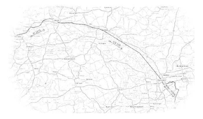 Cca 264 km vlakem podle časové osy Google map. Cestovní mapa aktuální části přejezdu vlakem Rotterdam - Wuppertal, zdroj: Mapy.cz