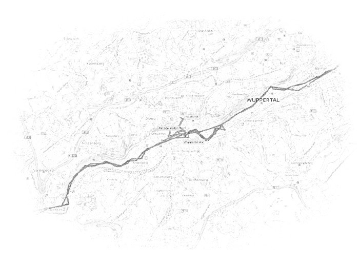 Cca 5 km chůze a 30 km ve Schwebebahnu podle časové osy Google map. Cestovní mapa aktuální části cesty po Wuppertalu, zdroj: Mapy.cz