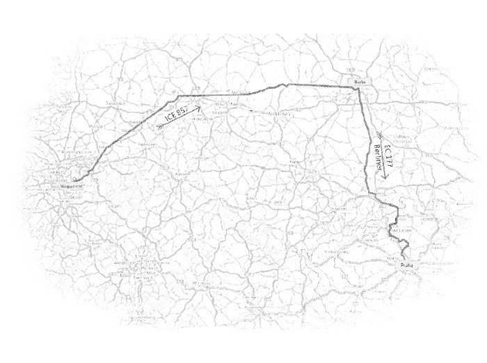 Cca 841 km vlakem podle časové osy Google map. Cestovní mapa aktuální části přejezdu vlakem Wuppertal - Praha, zdroj: Mapy.cz