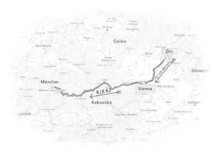 Cca 644 km podle časové osy Google map. Cestovní mapa aktuální části cesty Zlín, Příluky - Mnichov