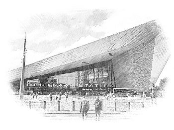 Budova hlavního nádraží v Rotterdamu od centra - Centraal Station