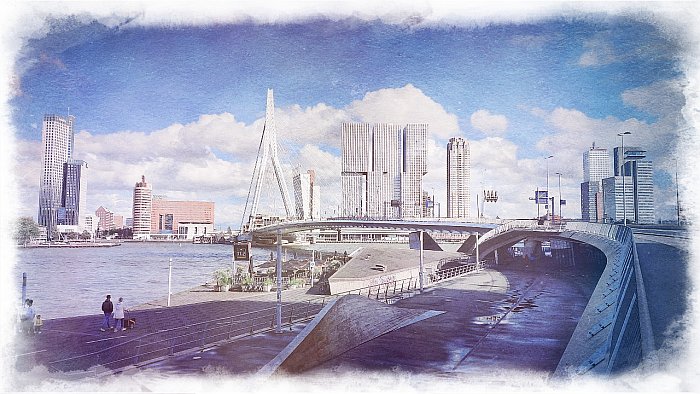 Pohled na Erasmusův most - Erasmusbrug v Rotterdamu (teploměr právě ukazoval 11.2° C)
