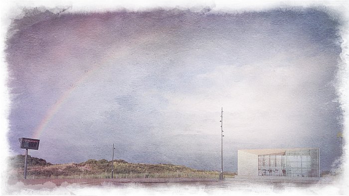 Pohled na stanici Hoek Van Holland Strand s duhou